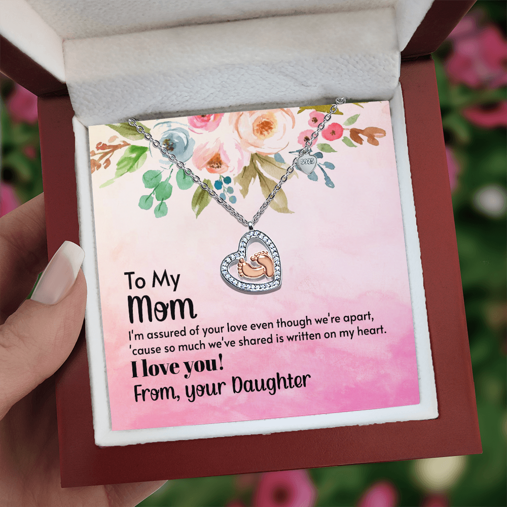 To My Mom Baby Feet Heart Necklace Gift From Daughter