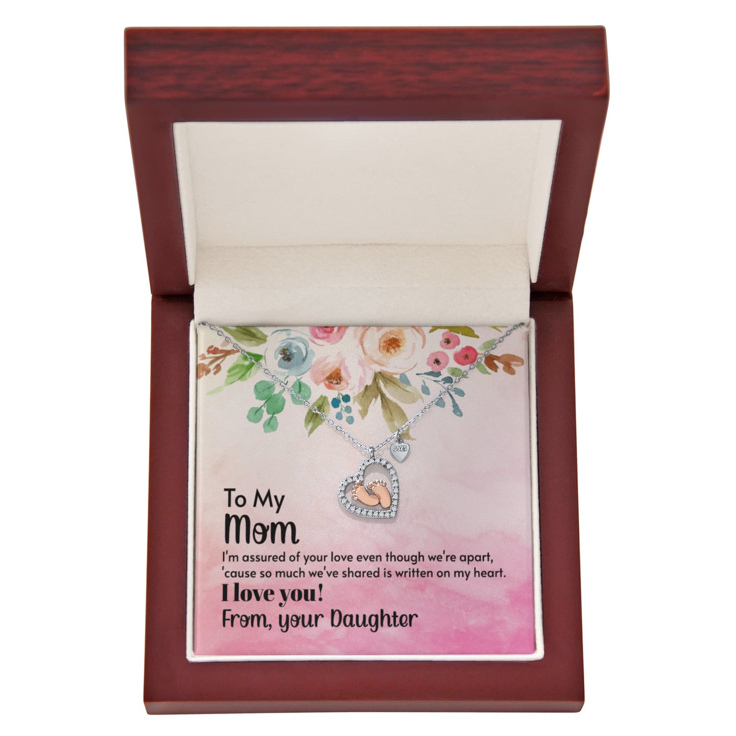 To My Mom Baby Feet Heart Necklace Gift From Daughter